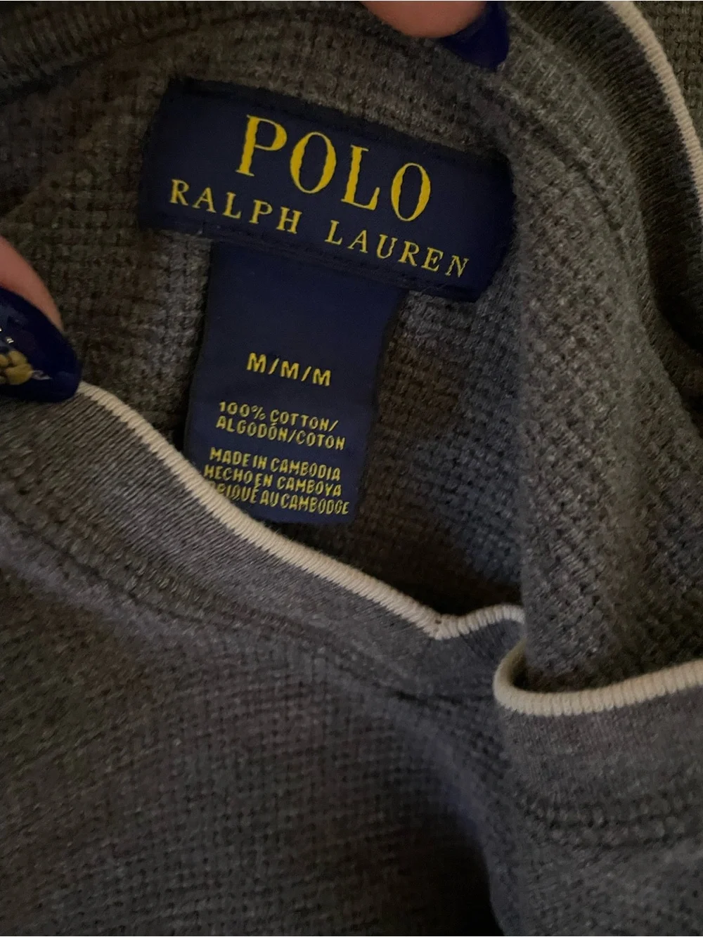 Polo Ralph Lauren waffle knit cotton Charcoal V-Neck Long Sleeve Shirt Medium